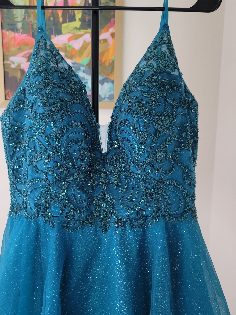 NWOT Teal Sequin Tulle Short Party Prom Cocktail Dress Glitter Size 16 - Picture 3 of 12